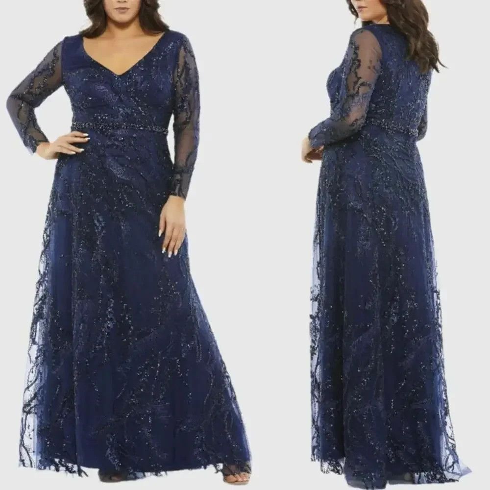 MAC DUGGAL 67922 EMBELLISHED ILLUSION LONG SLEEVE V-NECK A-LINE LONG GOWN 24W